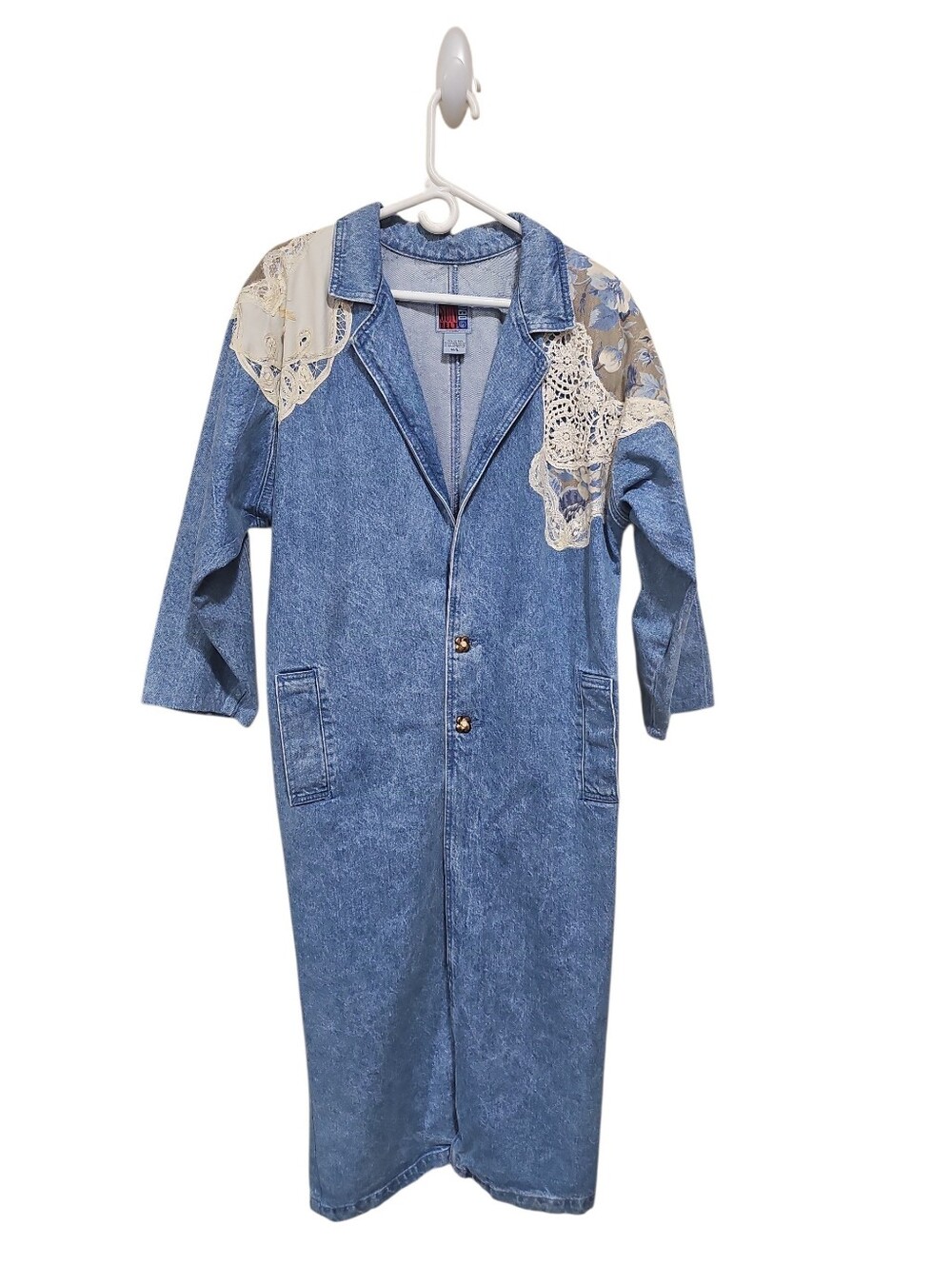 Vtg Sun Belt Denim Long Duster Coat Crochet Lace Patchwork Trench Jacket Cotton